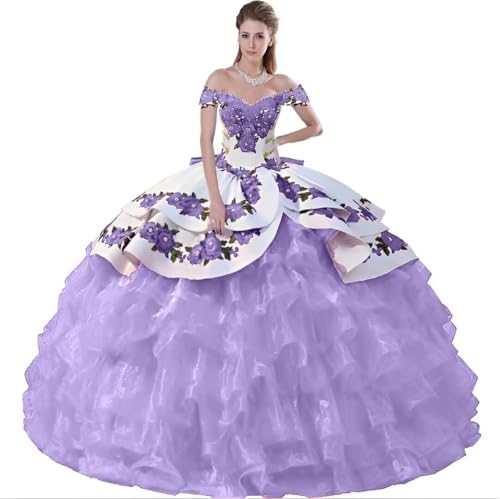 Mauuwy Lavender Charro Embroidery Ruffle Quinceanera Dresses Flor...