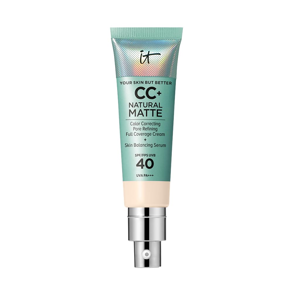 IT Cosmetics Full Coverage Foundation, Natural Matte, Made with Hyaluronic Acid, SPF 40 Protection, Your Skin But Better CC+, Shade: Fair Ivory, 32ml