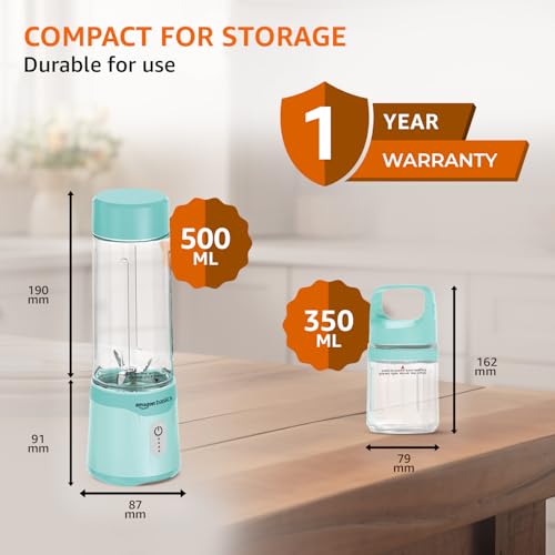 Image of Amazon Basics Portable Blender | 350 /500 ml Jar | USB Charging | Battery Operated and Rechargeable | 6 Stainless Steel Blades | 2x2000 mAh Batteries | 1 Year Warranty