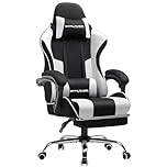 GTPLAYER Gaming Stuhl Stoff, Bürostuhl Massage Gaming Sessel Ergonomischer Gamer Stuhl mit Fußstütze, Gepolstert Gaming Chair, Drehsessel 150KG, weiß-schwarz