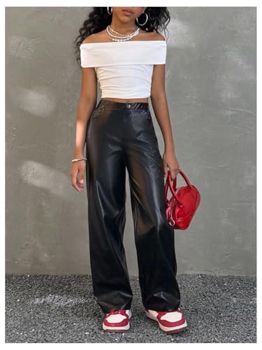 MakeMeChic Girl's PU Leather Straight Leg Pants High Waisted Zip Fly Y2K Trousers Streetwear4