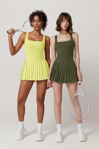 Image of QINSEN Womens Square Neck Tennis Dress Pleated Sleeveless Built in Shorts Golf Athletic Dress with Pockets