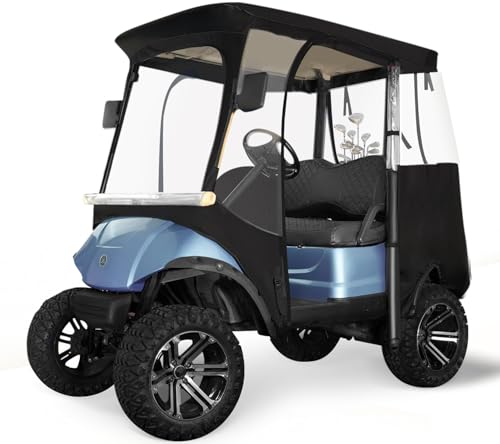 Golf Cart Enclosure 2-Passenger for EZGO TXT RXV - 600D Waterproof Snowproof Cover with Side Mirror Openings Transparent Tail Light Panel Detachable Windshield & 4-Sided Clear Windows