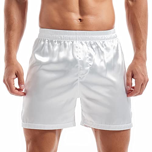 Image of AMY COULEE Mens Satin Boxer Shorts Silky Lightweight Pajama Bottoms Split Side Lounge Sleep Shorts