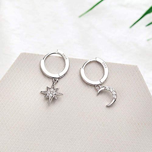 CZ Moon Star Dangle Small Hoop Earrings for Women Girls Sterling Silver with Charms Crystal Asymmetrical Snowflake Crescent Drop Mini Cartilage Clip Jewelry Delicate Fashion Birthday Gifts Best Friend4