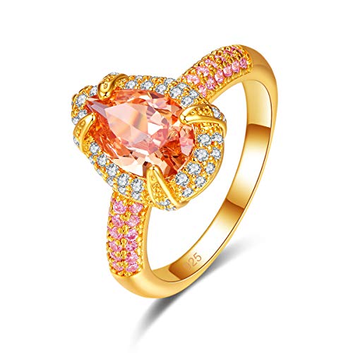 Narica Elegant Women's Pear Cut Yellow Gold Plated Four-Claw Rings Created Morganite Band Cz Cubic Zirconia Filled For Mom Girls, 7# #TOP4