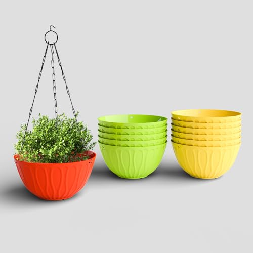 Image of YUCCABE ITALIA SHERA Hanging Wave 8 Inch Plastic Flower Pot for Plant Pack of 12 Pcs Round Shape Hanging Pot for Balcony Railing Planters for Indoor and Outdoor Garden (Multicolor)