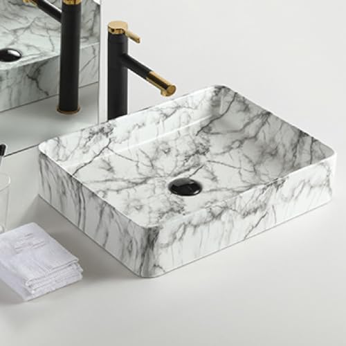 Lavabo de baño de cerámica, fácil de instalar, cuadrado, mármol, para apartamentos pequeños, balcón, hogar, hotel, restaurante (multicolor, 48 x 36 x 11 cm)