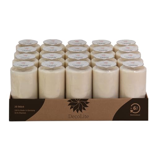 DecoLite 20 x Grabkerze 6 Tage rot/weiß – Friedhofskerze ohne Deckel & Etikett, 13,6x6,8cm, 30% Pflanzenöl, bleifreier Docht, ruhige Flamme, umweltfreundlich (weiss)