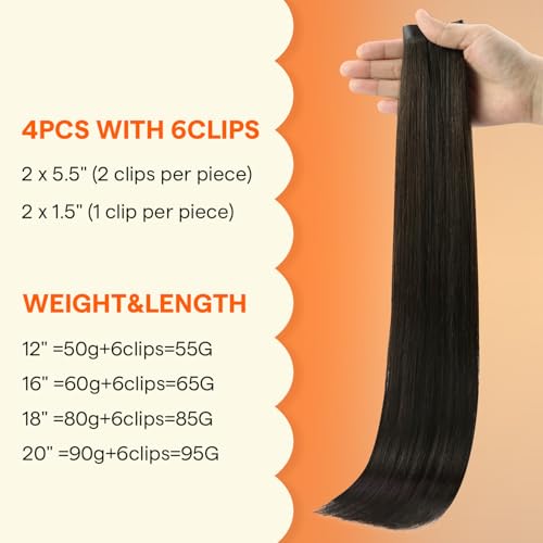 Image of Full Shine Human Hair Clip in Extensions, Dark Brown, Thick Ends | Brown Hair Extensions, 16 Inch 65g 4 Pcs, Added Volume for Thin Areas, Silky Straight, Weekend Outings, Fine Hair