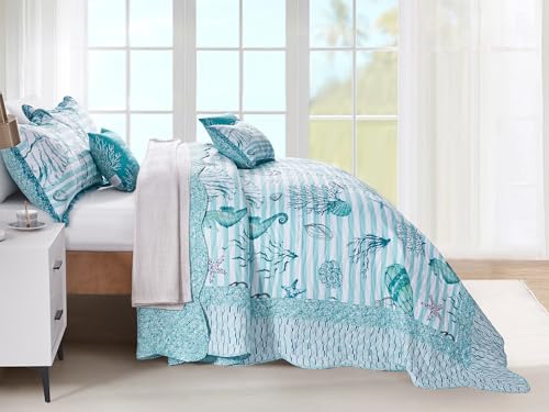 Image of HZ & HY Coastal Oversized King Bedspread, Reversible Beach Pattern Quilt Set King /Cal King, Lightweight Coverlet, Scalloped Edge - Seashell Coastal Look, 6 Piece, Shell