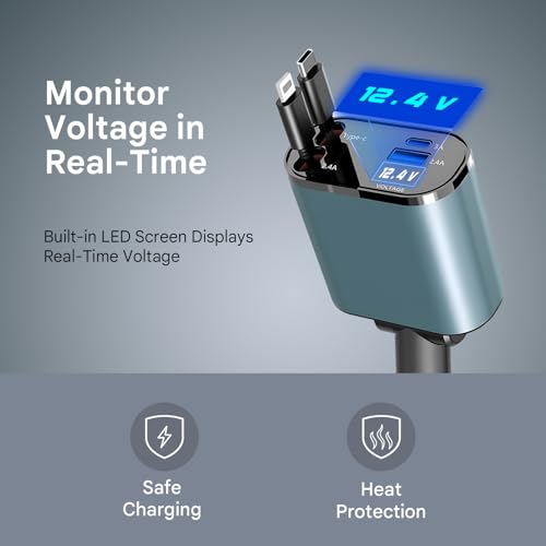 Image of Humble 120W 4 in 1 Car Charger with 2 Retractable Cable (Type C & iPhone), 1 USB & 1 Type C Port- Universal Car Charger Compatible with All Android & iPhone Series 17 /16 / 15 /14 / 13 /12 / 11