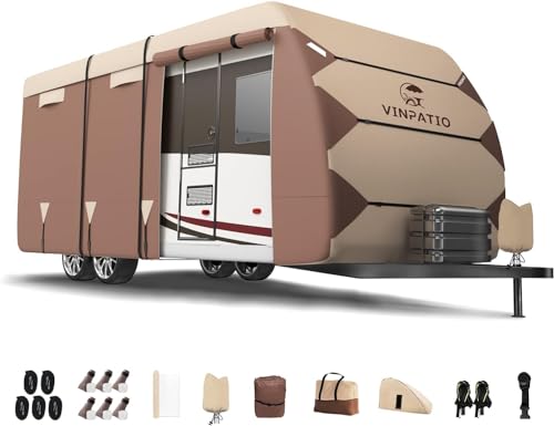Image of VINPATIO RV Cover, Oxford Fabric Travel Trailer Cover, Toy Hauler Cover Fits 35'-38' RV Heavy Duty 600D Ripstop Anti-UV Waterproof Windproof Camper Cover with Tongue Jack Cover, Extra Ropes
