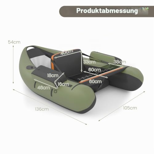HOMASIS Schlauchboot, aufblasbares Angelboot mit Pumpe, Fischerboot mit verstellbarer Rückenlehne & Angelrutenständer, Belly Boat inkl. Alu-Paddel & Flossen, bis zu 160 kg belastbar, 136 x 105 x 54 cm – Bild 3