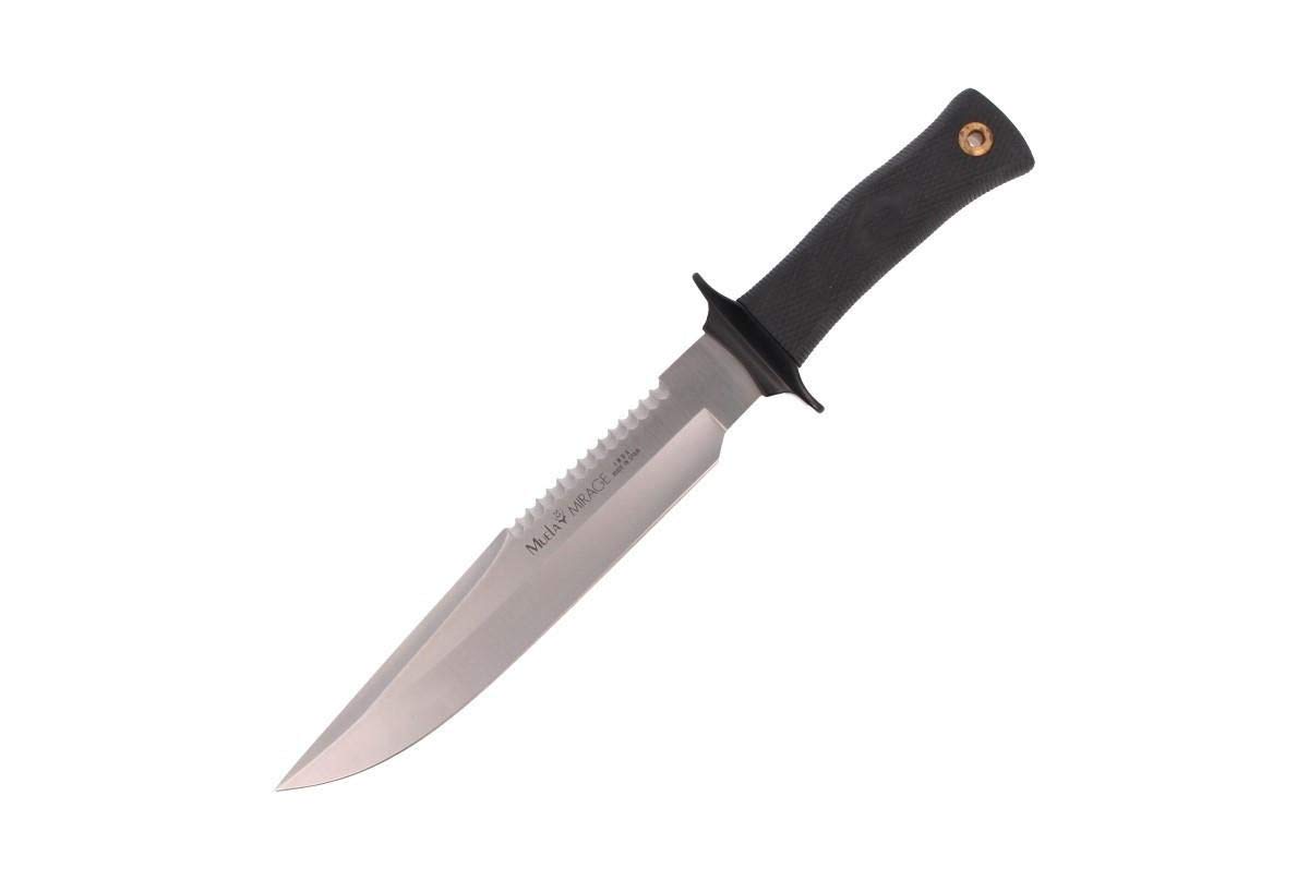 Muela Cuchillo Mirage MIRAGE-23 hoja de acero ACX-380 de 23 cm y empuñadura de goma negra para Caza, Pesca, Supervivencia y Bushcraft Realizado en Ciudad Real + Portabotellas de regalo