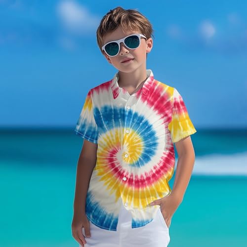 Image of Kids Tie-dye Hawaiian Shirt 80s Button Down Retro Short Sleeve Casual Beach Tropical Funny Party Outfits for Boys