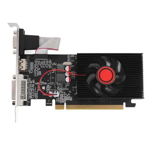 Yanmis Scheda Video per Computer, Scheda Grafica da Gioco DDR3 da 1 GB a 64 Bit con Ventola di Raffreddamento, PCI Express 2.0 16x, Interfaccia Multimedia DVI VGA HD per PC