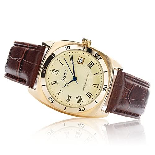 Stauer Timemaster Piezo Watch For Men – Gold-Finished Analog Watch W/Stainless Steel Watch Case Back, Tough Alloy Case – White Dial Gold Watch W/Genuine Brown Leather Watch Strap – Luxury Gift For Men #TOP2