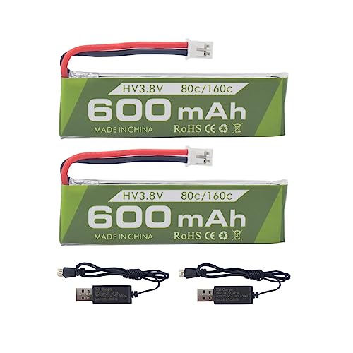 ZYGY Lot de 2 batteries Li-Po 1S 3,8 V 80 C 600 mAh JST PH-2.0 avec câble de charge USB pour batterie d'avion Cinewhoop Tinyhawk Micro FPV Racing Drone RC
