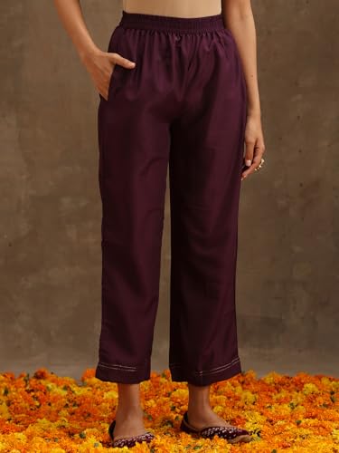 Image of Libas Womens Self Design Silk Straight Kurta With Trousers and Dupatta | daily wear suit