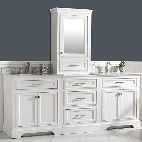 LUCA Kitchen & Bath LC96MOWW Savanna 96” Double Basin Bathroom Vanity Modular Set in Pure White with Wood Cabinet, Carrara Marble Top and Center Tower, 4 Count