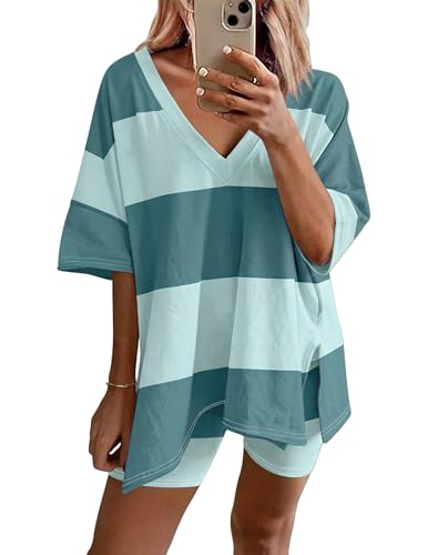 Image of Ekouaer Womens Pajamas 2 Piece Lounge Sets Oversized V Neck T-Shirts Tops Biker Shorts Set Workout Reversible Tracksuit S-XXL