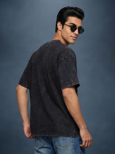 Image of Veirdo Heavy GSM Pure Cotton Men's Graphic Print Oversized Fit Half Sleeve Round Neck Cotton Acid Wash Print T-Shirt in Different Colors with Sizes ranging from S to 2XL.
