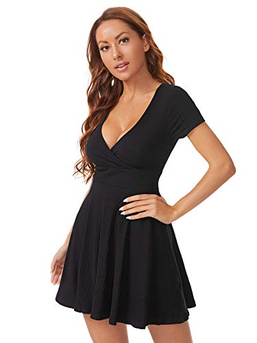Verdusa Women's Surplice Neck Short Sleeve Mini Wrap A Line Fit And Flare Dress Black L #TOP5