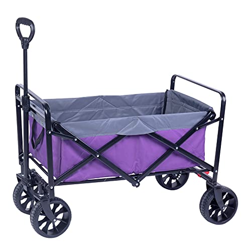 Beach Wagon Cart, Collapsible Folding Wagon with Big Rubber Wheels, Adjustable Handles and Brake, Heavy Duty Utility Wagon All Terrain Outdoor Camping Garden Grocery Wagon, Purple