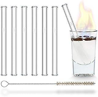 Halm Glass Straws Reusable Drinking Straws - Pack of 6 Short Straight 10 cm + Plastic Cleaning Brush - Dishwasher Safe - Sustainable - Glass Drinking Straws for Shot Glasses