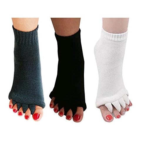 AIBEARTY 3 Pairs Yoga Sport Gym Five Toe Separator Socks Foot Alignment Pain Massage Toeless Socks, Black+gray+white, One size Cover