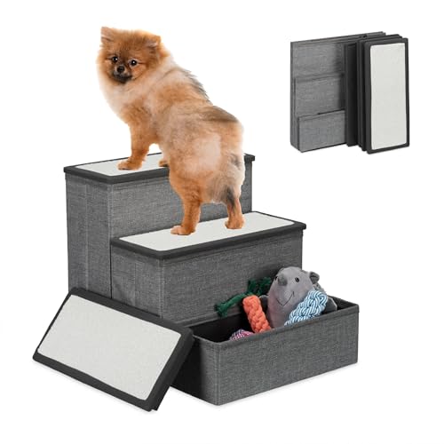 Relaxdays Hundetreppe, 3 Stufen, mit Stauraum, Hunde & Katzen, HxBxT: 39 x 40 x 49 cm, Faltbare Tiertreppe, grau/weiß