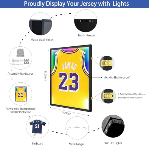 Image of Jersey Frame Display Case with LED for Wall 3-Pack, Large Lockable T-Shirt Shadow Box, Clear UV Protection Acrylic and Hangers for Football Basketball Baseball Soccer Hockey, Matte Black