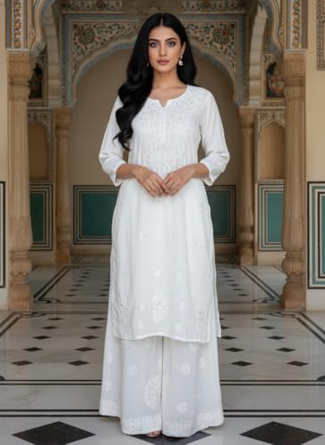 Image of Fashion Chikan Art Women's Lucknowi Premium Chanderi Silk Hand-Embroidered Chikankari Kurti & Palazzo Set | Elegant Festive & Casual Wear Ethnic Suit