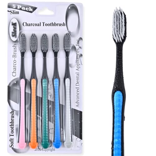 Image of ADA Cavity Defense Activated Charcoal Toothbrush 5 Pack Ultra-Soft Flosspick Bristle for Sensitive Teeth & Gums, Aids in Teeth Whitening, Extra Soft, Slim Grip (5 Count)