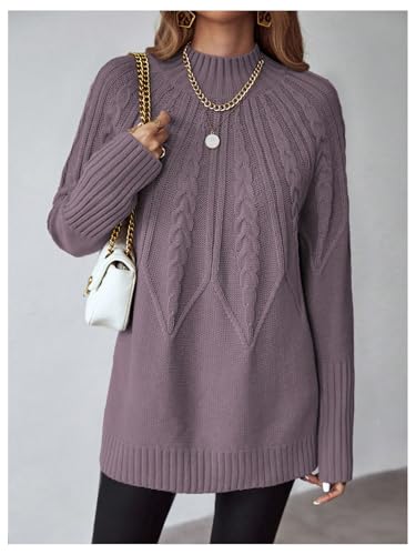 Image of Verdusa Women's Cable Knit Chunky Sweaters Mock Neck Long Sleeve Pullovers Tunic Top Purple Medium
