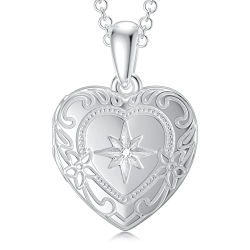 Soulmeet 18K Plated White Gold Starburst Locket Necklace That Holds 1 Picture Photo Diamond Cut Heart Locket Necklace (Locket Only) #TOP2
