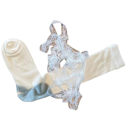 Women Sweet Ballet Thin Ribbed Over the Calf Socks Japanese Girl Sweet Lace Ribbon Ties Bandage Solid Color Stockings