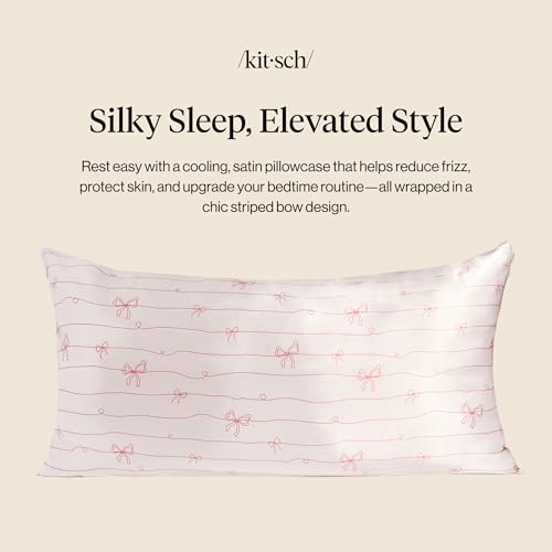 Image of Kitsch Satin Pillowcase with Zipper - King Size, Striped Bows | Softer Than Silk Pillow Cases, Smooth Cooling Satin Pillow Case for Hair and Skin, Wrinkle-Free, Machine Washable