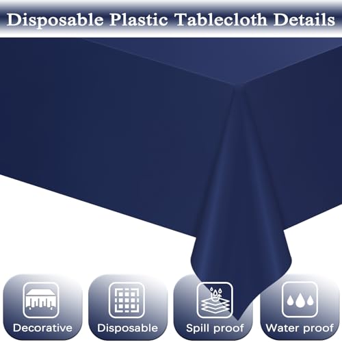 Image of WNINK 4 Pack Navy Blue Tablecloths Dark Blue Rectangle Disposable Plastic Table Cloths 54 inch x 108 inch for Birthday, Retirement, Bridal Shower, Wedding, BBQ, Picnic Parties