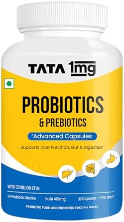 Tata 1mg Probiotics 30 Billion CFUs+ Capsules with Prebiotic Fiber- 30 Count | Gut Health & Digestion Support Supplement | For Men & Women