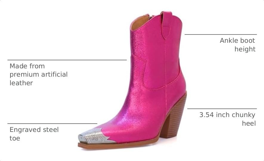 Image of Cowboy Ankle Boots for Women Engraved Steel Toe Cowgirl Boots Stacked Block Heels Short Cowboy Boot Fashion Dressy Western Country Booties