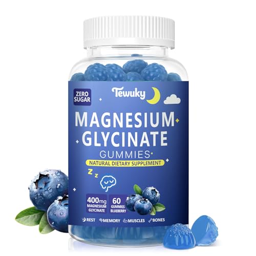 Magnesium Glycinate Gummies 400mg - Sugar Free Vegan Gummies for Adults & Kids with Vitamin D3, B6, C, CoQ10, Collagen, Zinc - Sleep, Muscle, Bone & Memory Support - 60 Blueberry Chewables