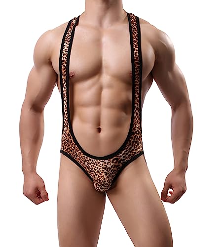 Men's Leopard Print Suspender Wrestling Singlet Bodysuit One-Piece Jockstrap Leotard2