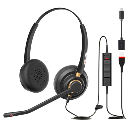USB Headset with Microphone for PC, Computer Headset, Noise Cancelling Adjustable Volume Control Lightweight Wired Headset with Mic for Work, for Laptop Business Skype UC Webinar Call Center Office