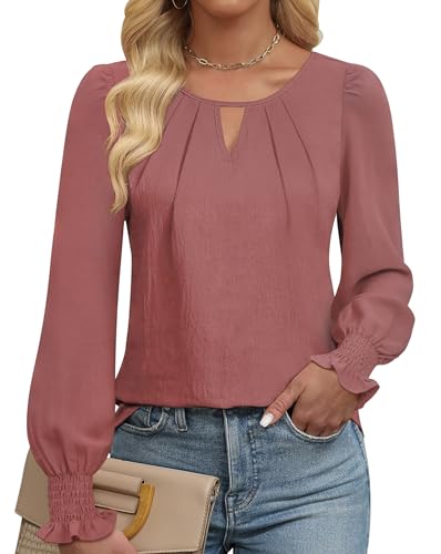Womens Long Sleeve Tops Dressy Casual Keyhole Blouses Pleated Tops 2025 Trendy Basic Work Shirts