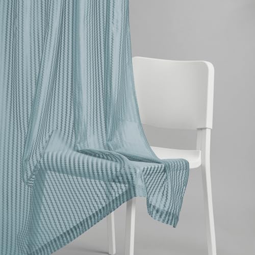 Image of haus & kinder Jacquard Sheer Window Curtains 5 Feet Long Pack of 2 Window Curtains, 5 Feet Curtains for Window, (Abstract Geometric Design, Aqua Strand, 114x152cm)