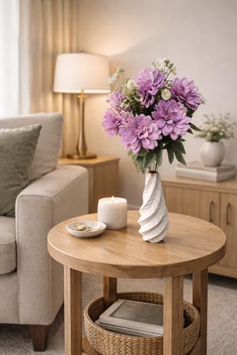 Image of Premium Combo Artificial Lavender Purple Dahlia Flower Bouquet with Designer Ceramic Vase | Snowflake Fabric Real Touch Flowers | Luxury Home Decor for Living Room Bedroom Office Table(ND-20)