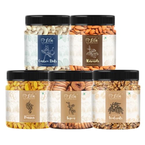 Image of Lila Dry Fruits Daily Needs DryFruit Combo Pack 500 g (5 x 100g) Almonds, Walnuts, Anjeer, Cashews, Raisins | Healthy and Nutritious Rich in Vitamins Minerals Dry Fruit Mix Perfect for Gifting
