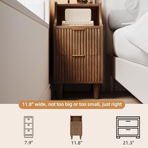 Image of Narrow Nightstand Set of 2,11.8 inch Fluted Bedside Table Set of 2, Slim Side End Table with 2 Drawers, Wooden Bedside Table, Mid Century Modern Night Stand for Bedroom Livingroom Sofa Office